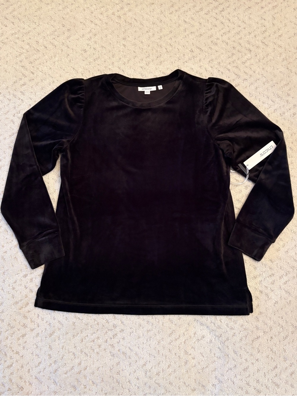 Chicos Zenergy NEW Black Velvet Velour Puff Shoulder Top Size M Elegant Holiday